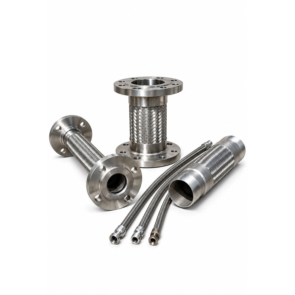Stainless steel braided industrial hoses with flanged ends and flexible corrugated stainless steel core sections.