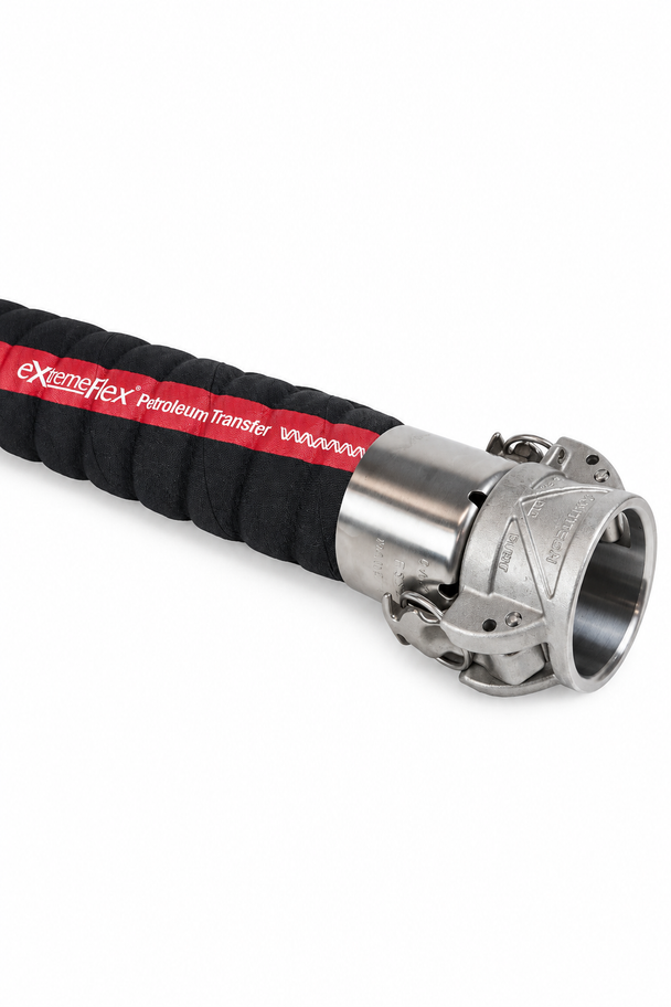 Black flexible fuel hose with red branding and silver metal camlock fitting on one end.