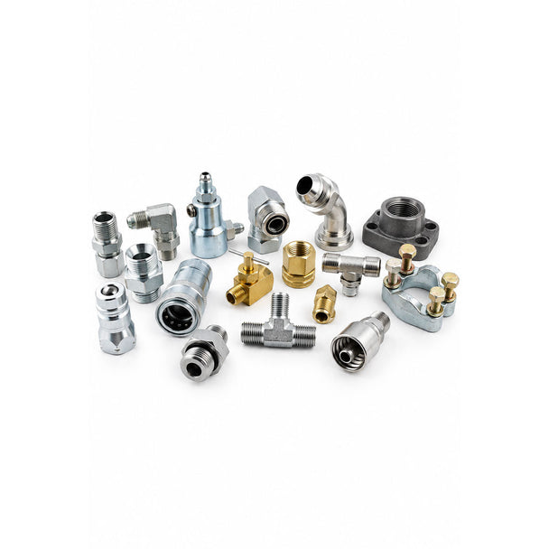 Assorted hydraulic hose adapters and connectors in zinc-plated steel, stainless steel, and brass finishes on white background.