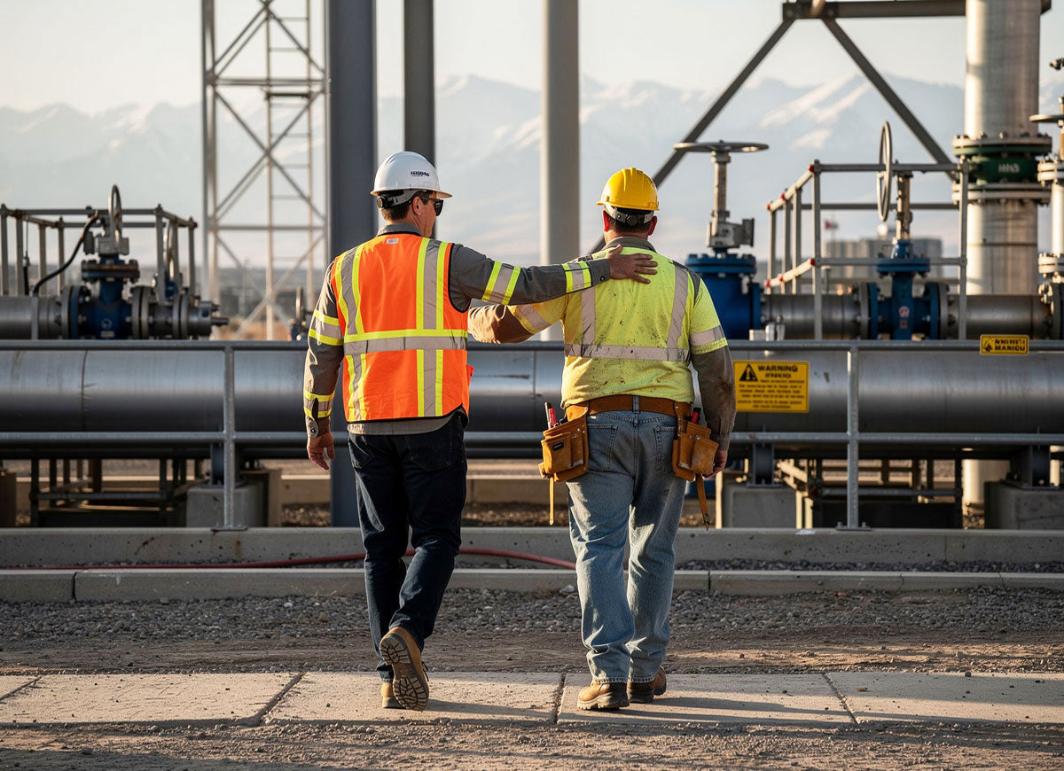 Two construction workers in high-visibility safety vests and hard hats walking arm-in-arm on an industrial site with pipes, metal structures, and mountains in the background.