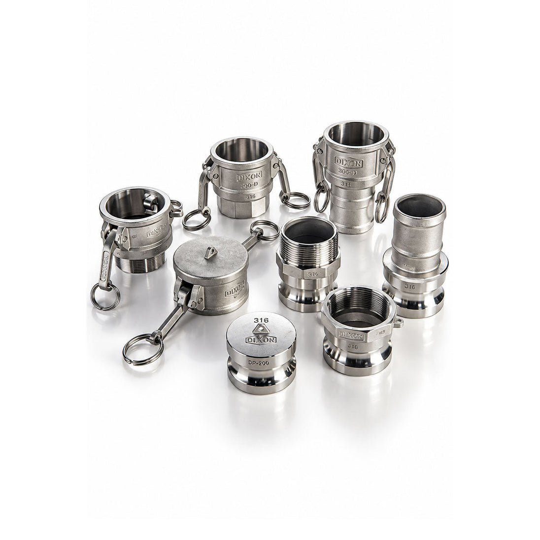 Assorted silver metal cam and groove hose fittings with locking arms on a white background.