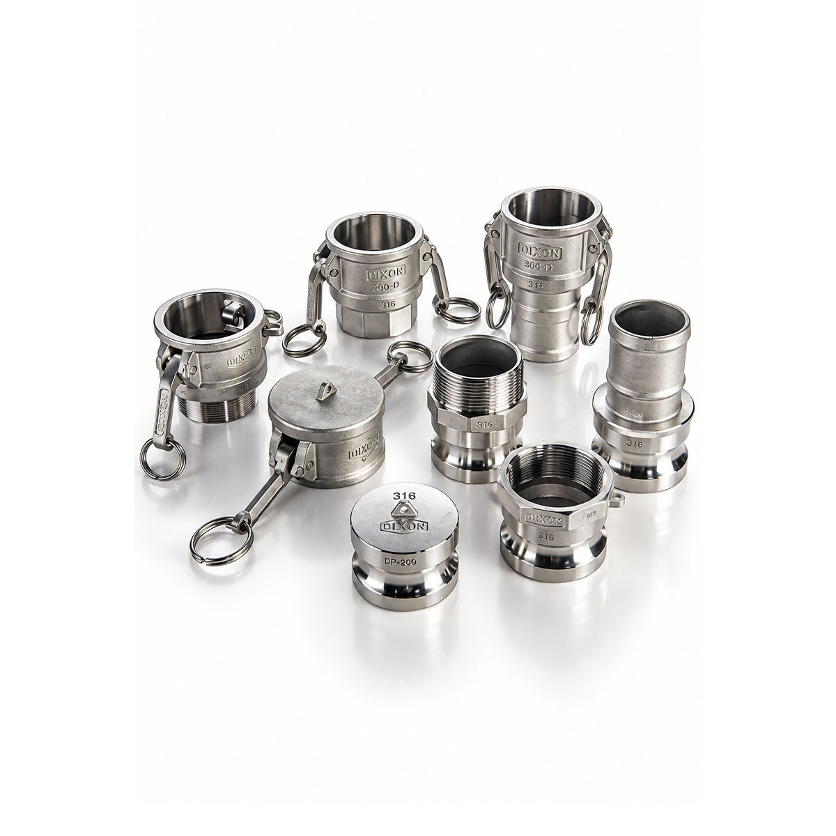 Assorted silver metal cam and groove hose fittings with locking arms on a white background.