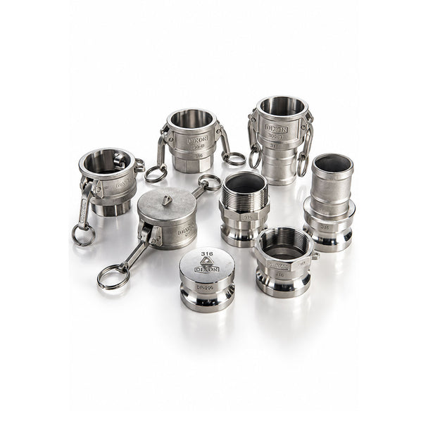 Assorted silver metal cam and groove hose fittings with locking arms on a white background.