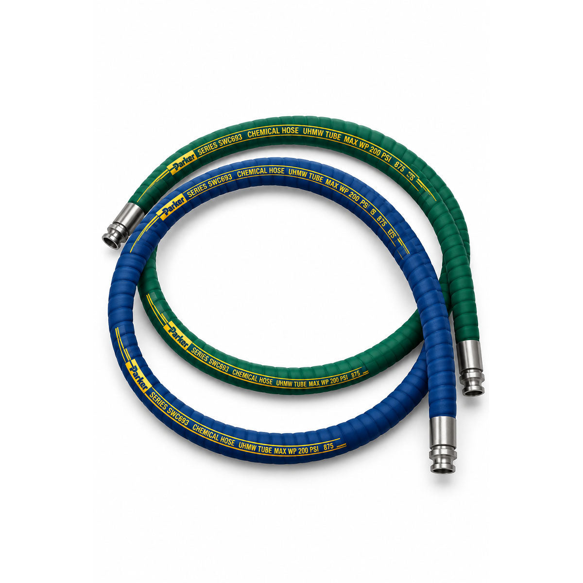 Blue and green industrial rubber hoses with metal fittings and yellow chemical-resistant cover text.
