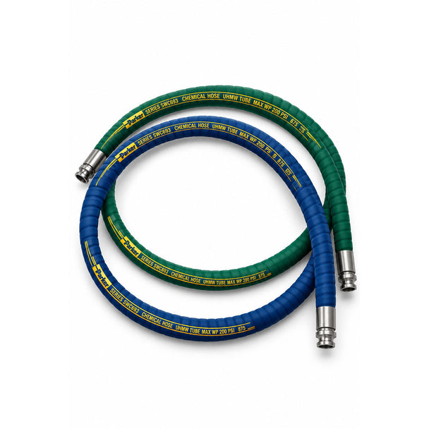 Blue and green industrial rubber hoses with metal fittings and yellow chemical-resistant cover text.