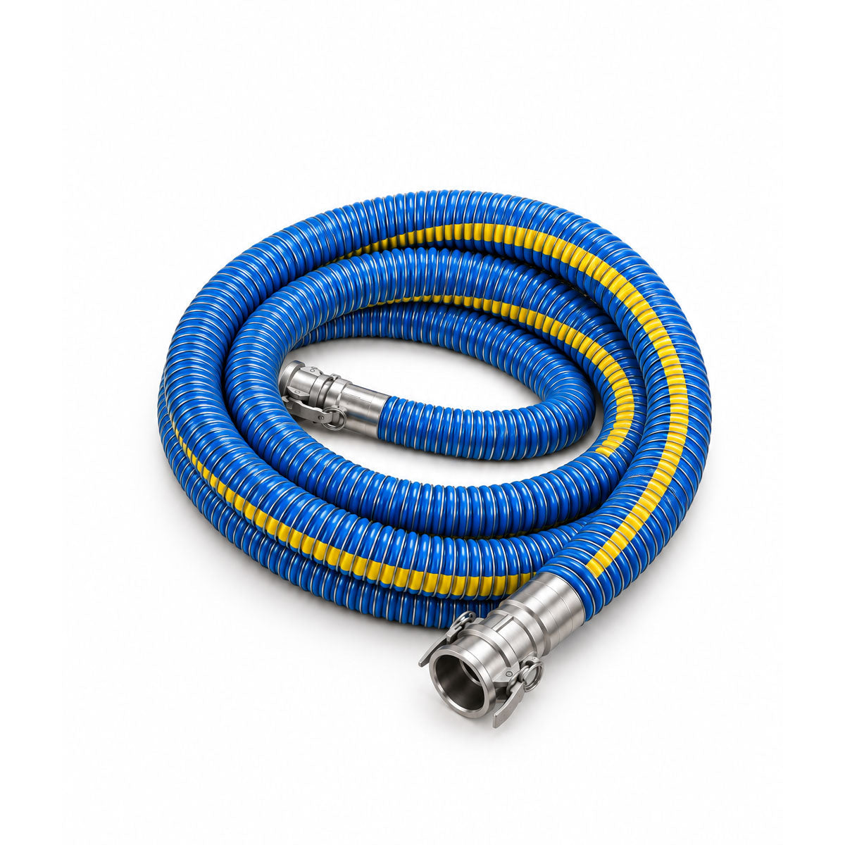 Coiled blue composite hose with yellow spiral stripe and stainless steel fittings on white background.