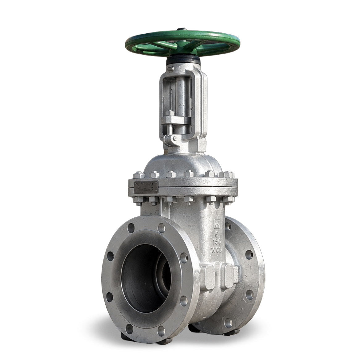 Stainless steel gate valve with green handwheel and flange connections on white background.