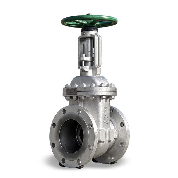 Stainless steel gate valve with green handwheel and flange connections on white background.