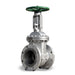 Stainless steel gate valve with green handwheel and flange connections on white background.