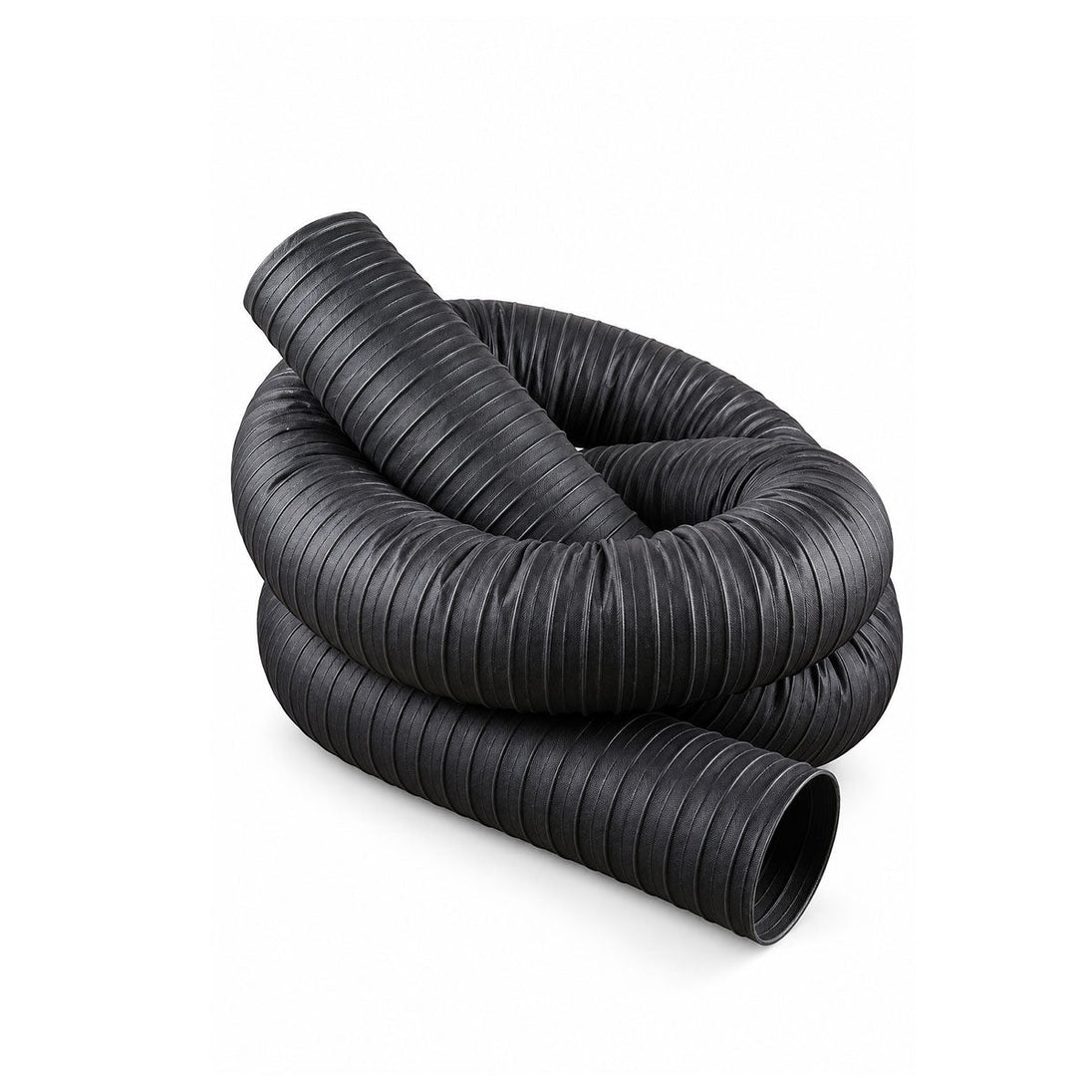 Black flexible corrugated ducting hose coiled with smooth inner lining and ribbed exterior surface.