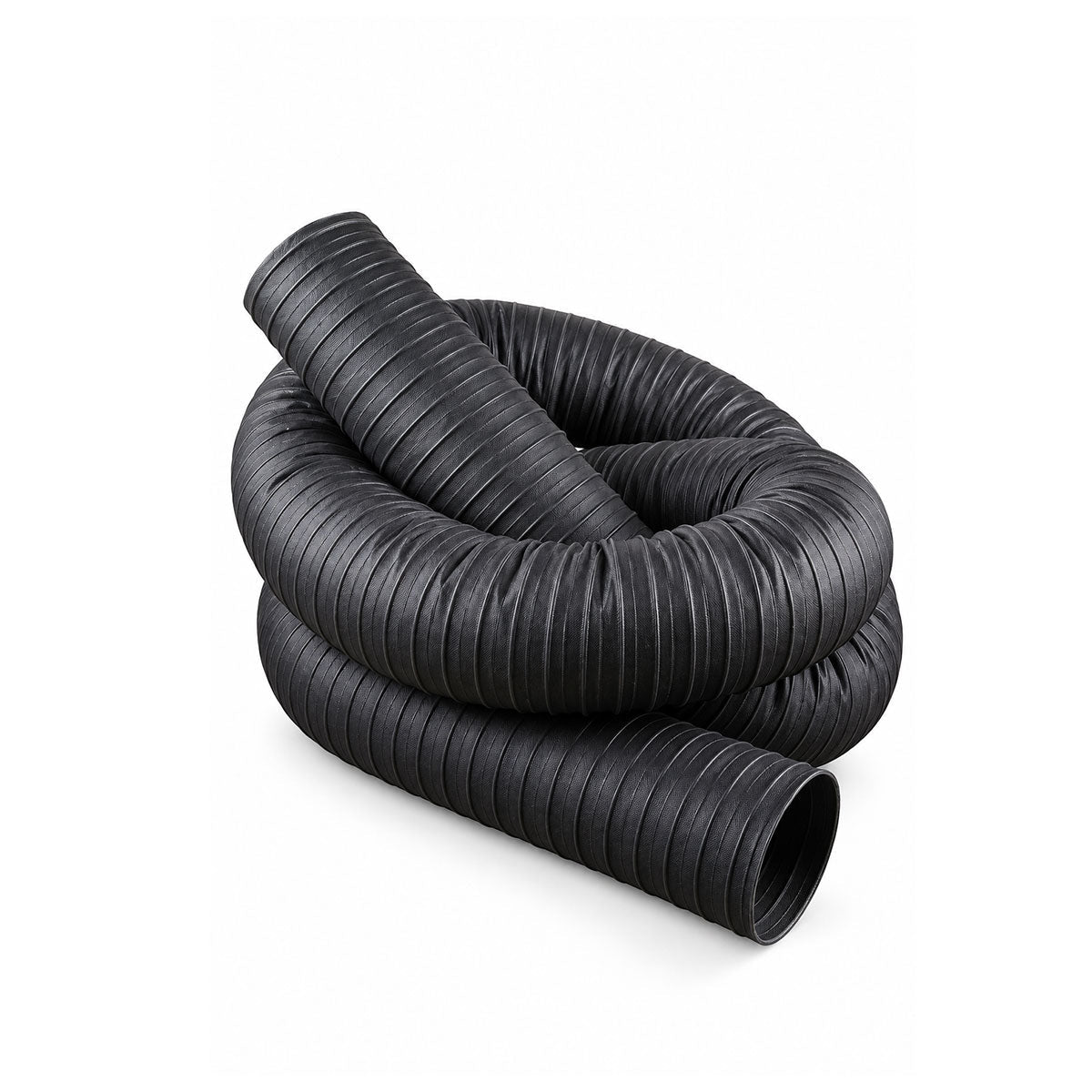 Black flexible corrugated ducting hose coiled with smooth inner lining and ribbed exterior surface.