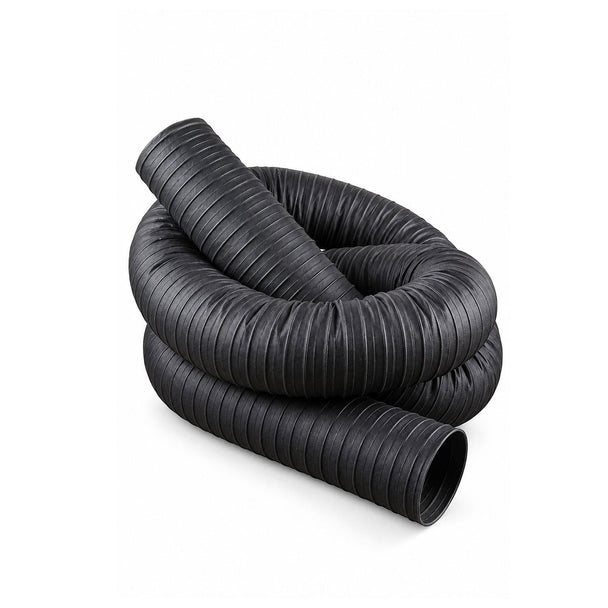 Black flexible corrugated ducting hose coiled with smooth inner lining and ribbed exterior surface.