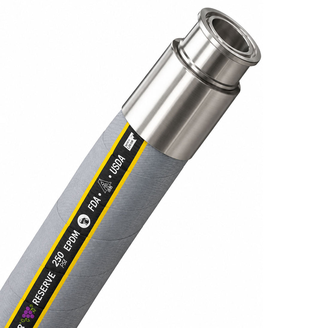 Gray flexible food-grade hose with stainless steel tri-clamp fitting and yellow label strip.