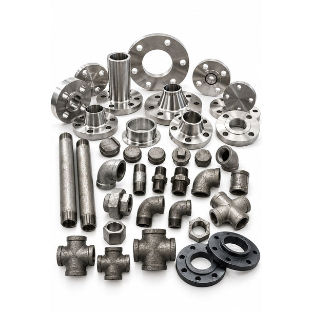 Assorted stainless steel and black pipe fittings including flanges, elbows, tees, reducers, and pipes arranged on white.