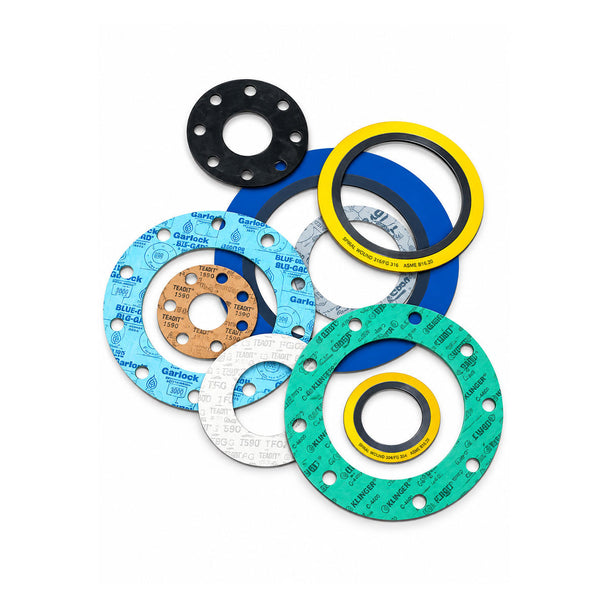 Assorted round pipe flange gaskets in black, blue, green, yellow, copper, and white with various materials and hole patterns.