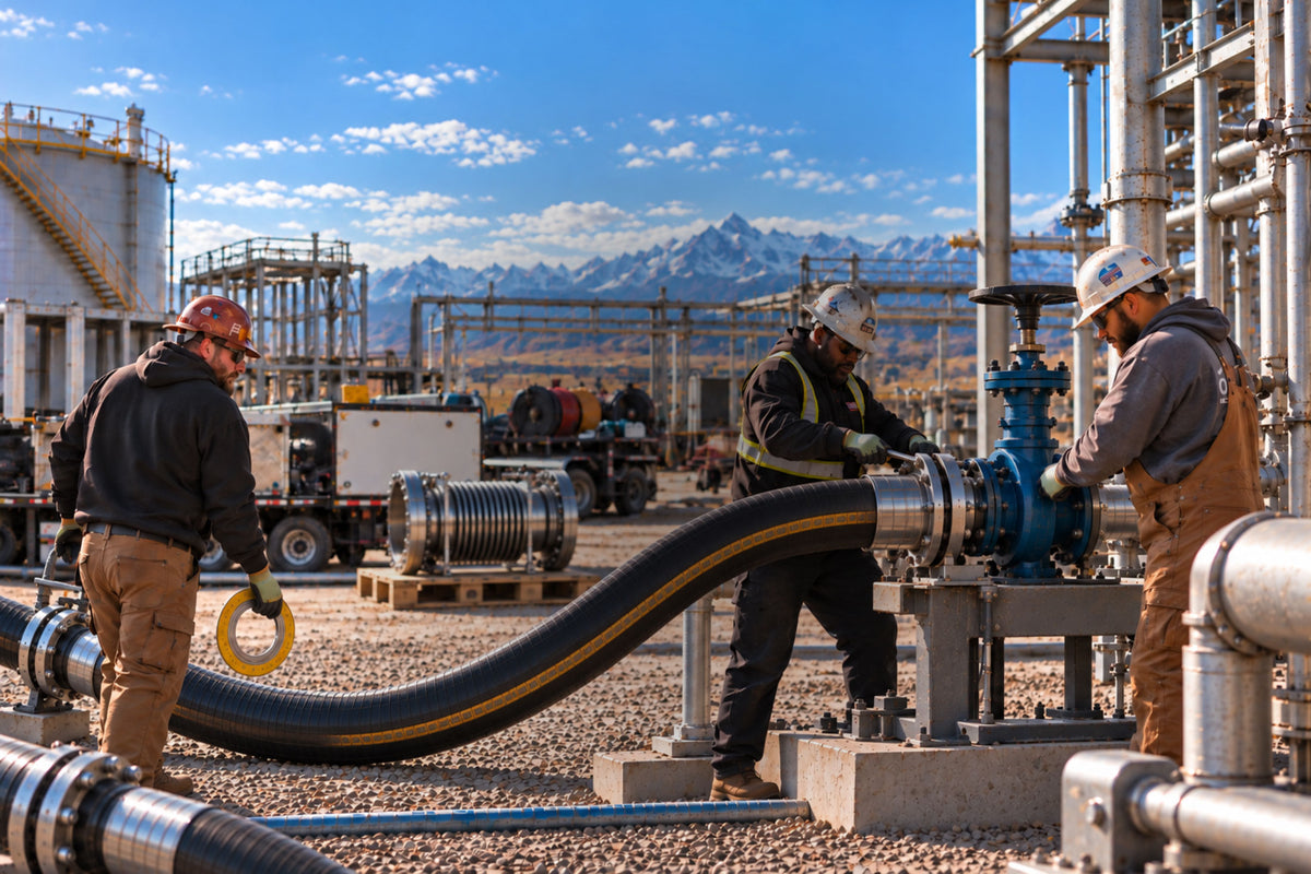 Three industrial workers in hard hats and safety gear operate a large black and yellow flexible hose connected to a blue pump at an oil refinery, with mountains and a blue sky in the background.