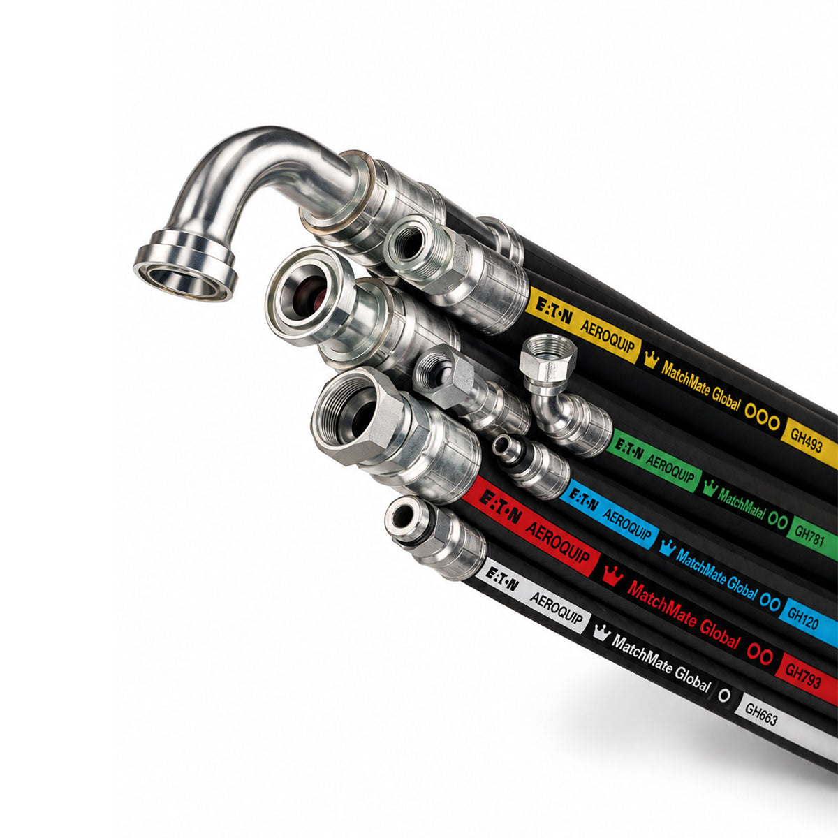 Set of black industrial hydraulic hoses with metal fittings and colored identification bands attached.