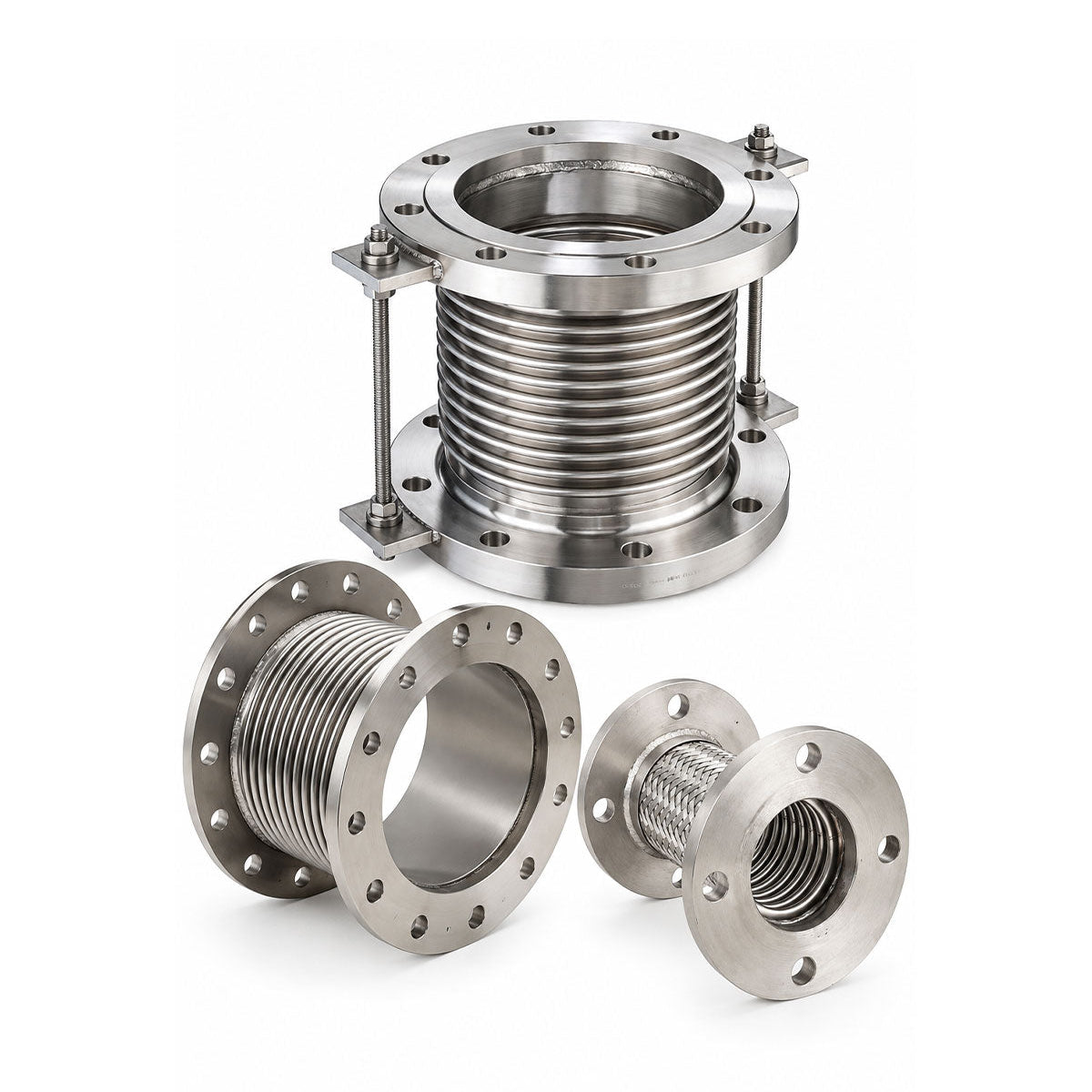 Stainless steel metal bellows expansion joint with three round flanged pipe fittings on white background.
