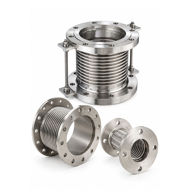 Stainless steel metal bellows expansion joint with three round flanged pipe fittings on white background.