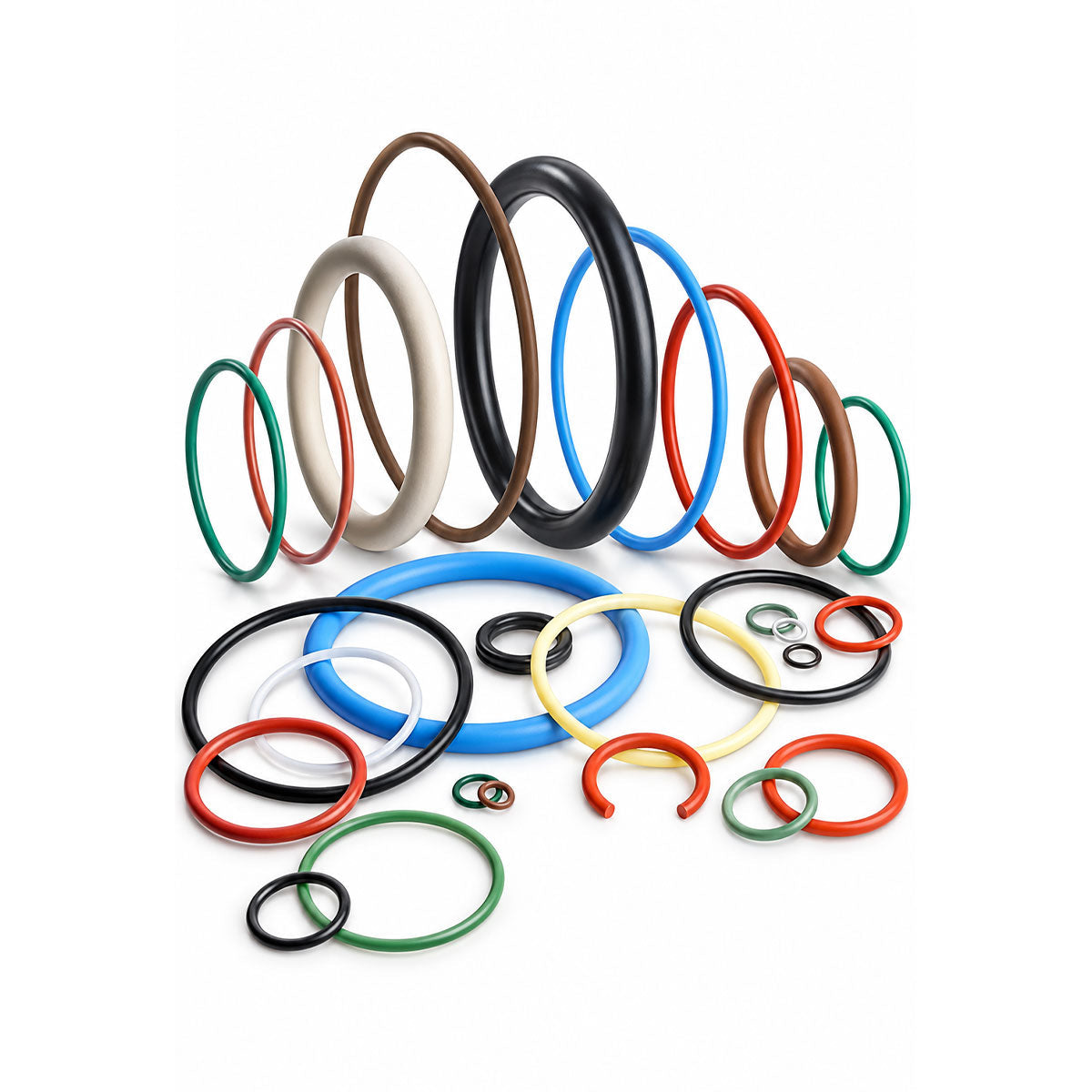 Assorted colorful O-rings in various sizes arranged upright and flat on a white background.