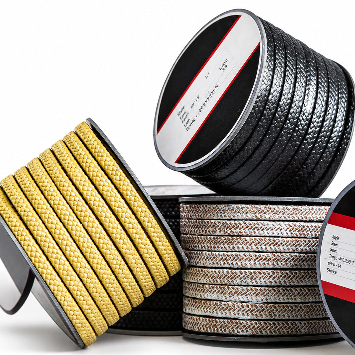 Assorted industrial sealing packing rolls in black, yellow, and silver with woven and braided textures.