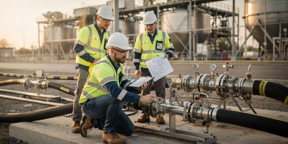 Three industrial workers in high-visibility safety vests and white hard hats inspect a pipeline system outdoors at sunset, with one kneeling worker holding a clipboard and the others standing nearby.