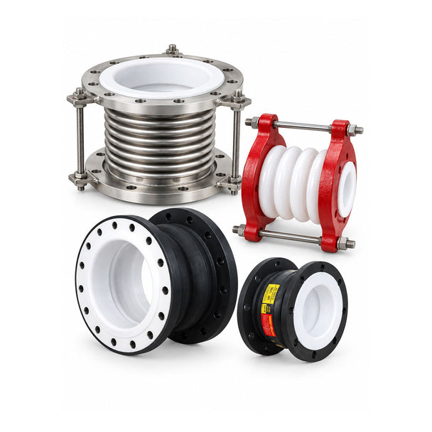 Set of four PTFE expansion joints including stainless steel, red frame, black rubber, and small white-lined variants.