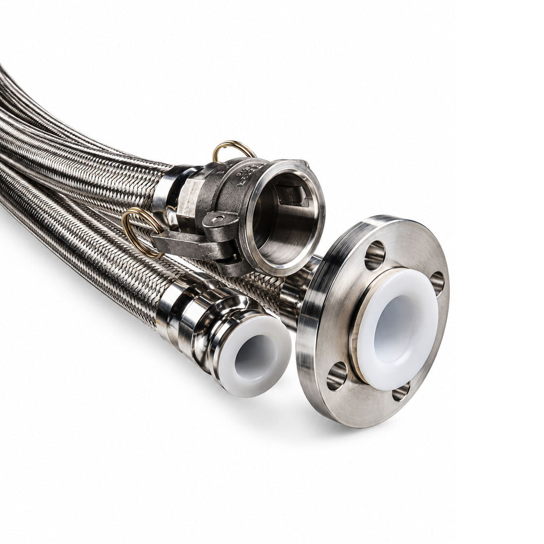 Stainless steel braided hose with PTFE lining and metal flange connectors for industrial use.