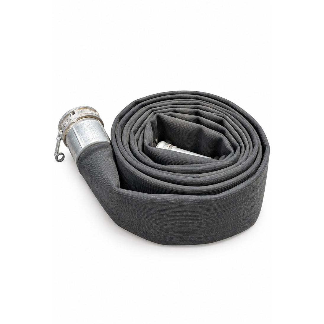Black flat lay hose coiled with metal clamp fitting on white background.