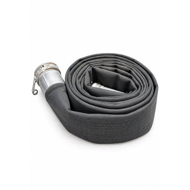 Black flat lay hose coiled with metal clamp fitting on white background.