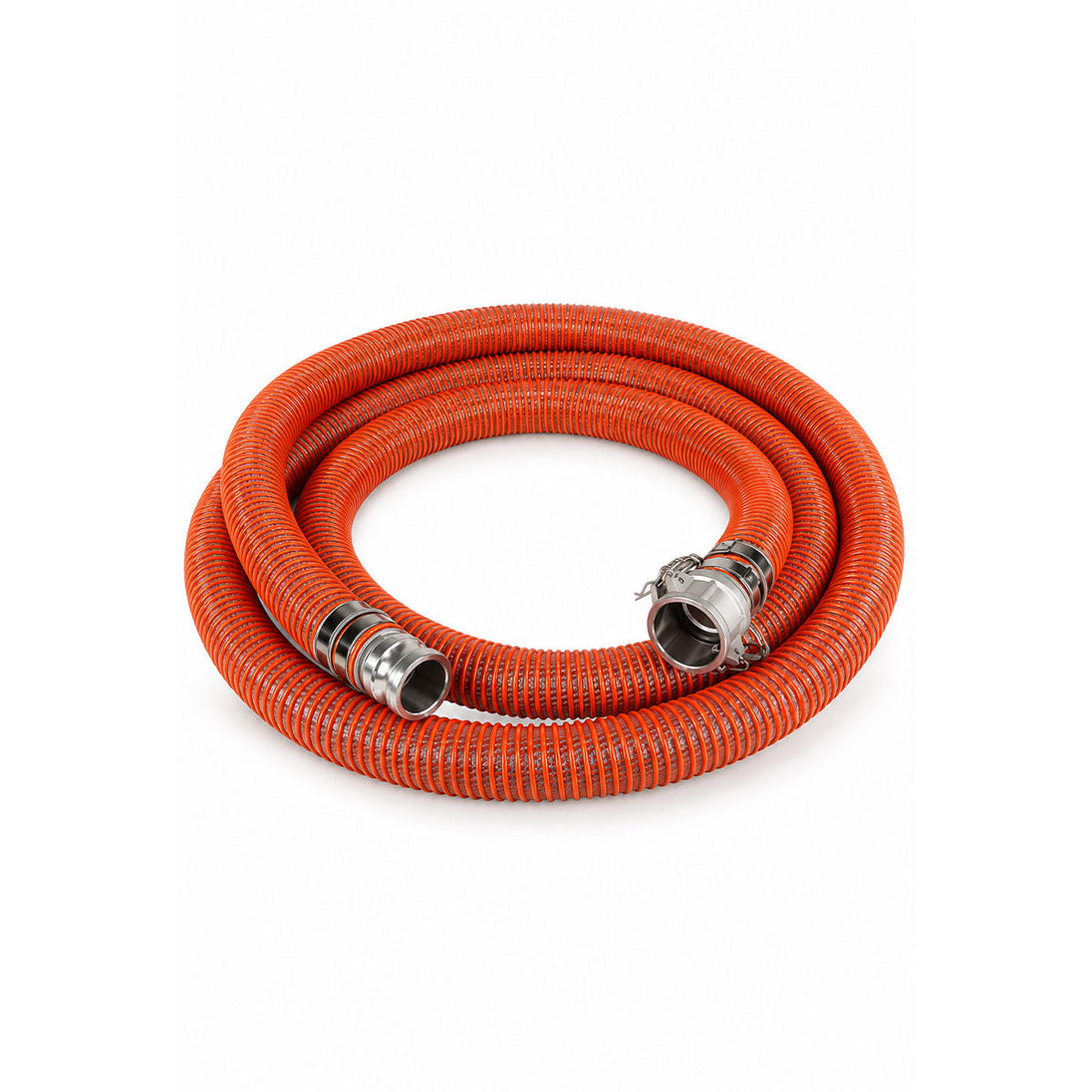 Coiled bright orange PVC utility hose with metal fittings on both ends on white background.