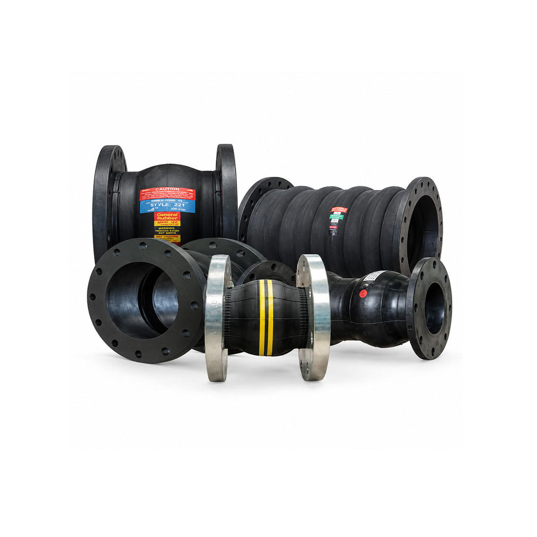 Black rubber expansion joints with metal flanges in various sizes, designed for industrial piping systems.