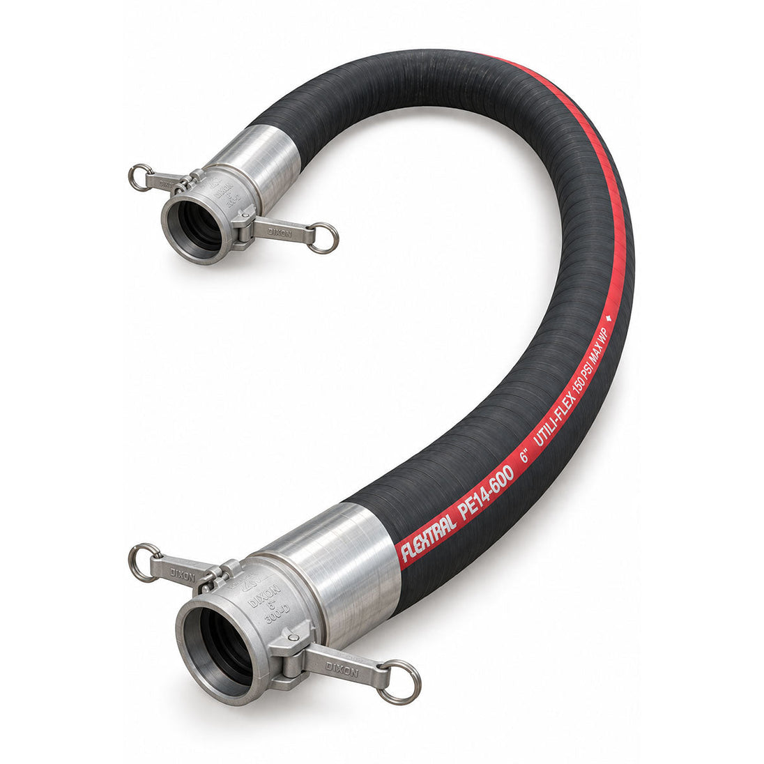 Black rubber utility hose with metal clamps on both ends and red text along the side.