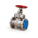 Stainless steel gate valve with flanged ends and red handwheel, blue protective covers on flange faces.