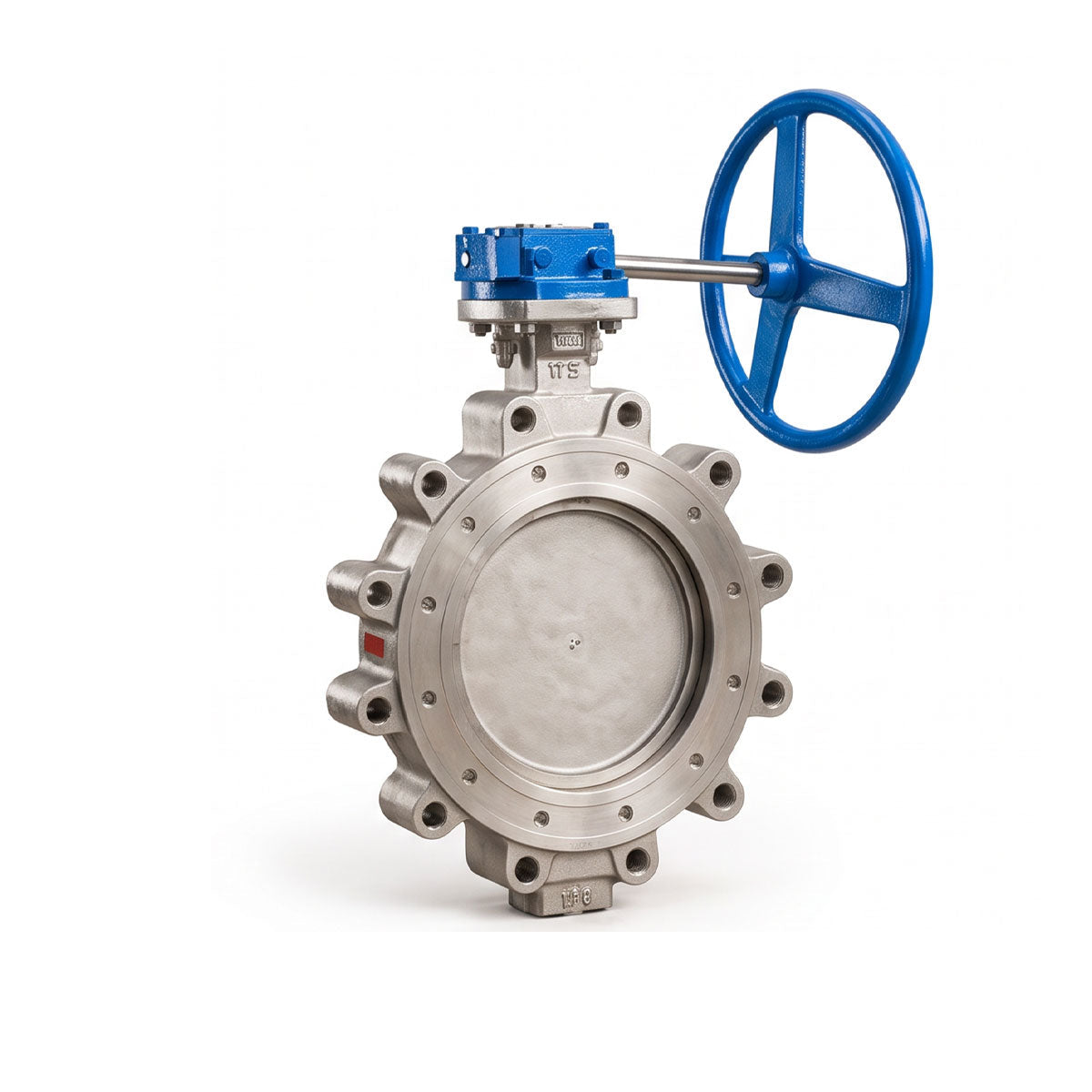 Silver metal butterfly valve with blue handwheel and flange connections on a white background.