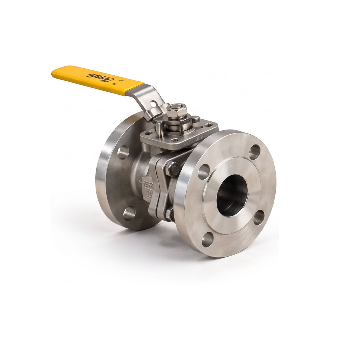 Stainless steel industrial ball valve with flanged ends and yellow lever handle.